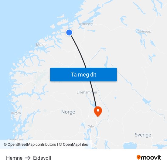 Hemne to Eidsvoll map