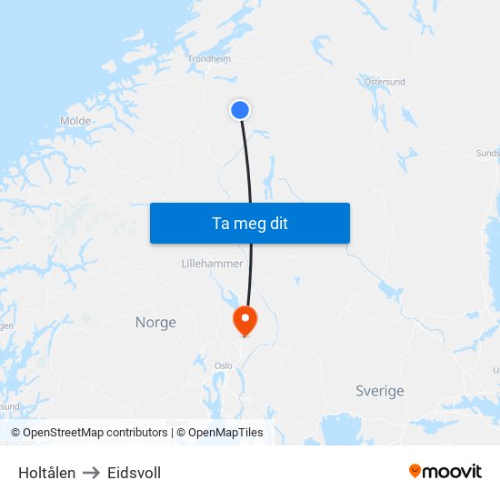 Holtålen to Eidsvoll map