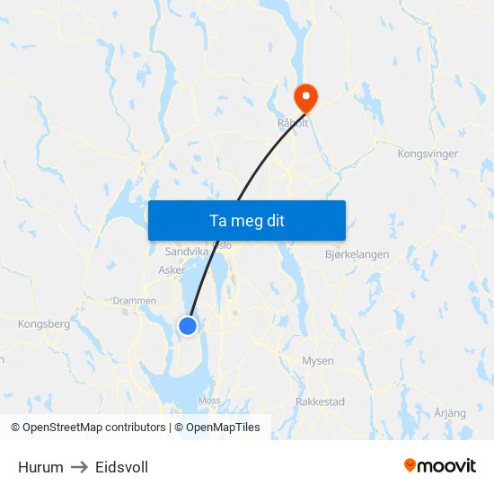 Hurum to Eidsvoll map
