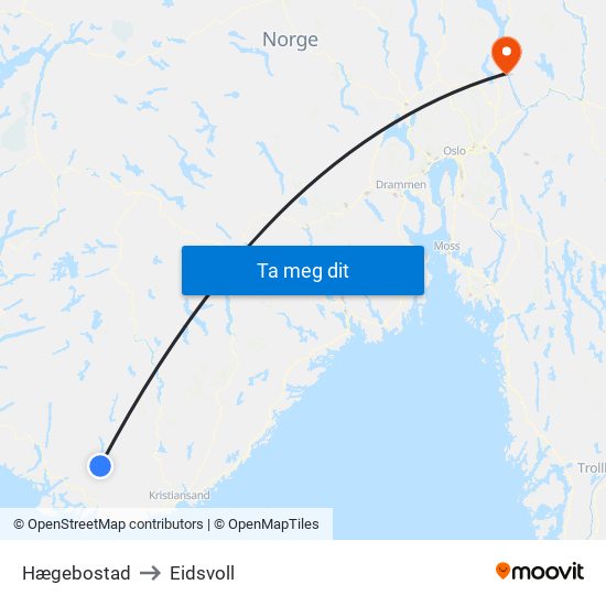 Hægebostad to Eidsvoll map