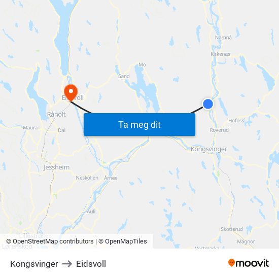 Kongsvinger to Eidsvoll map