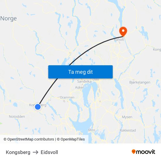 Kongsberg to Eidsvoll map
