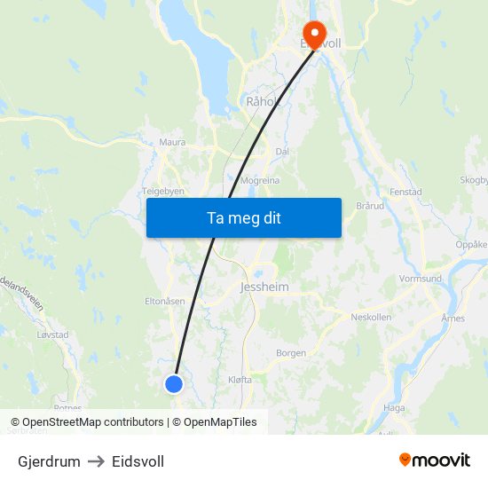 Gjerdrum to Eidsvoll map