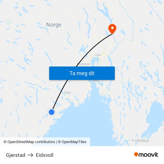 Gjerstad to Eidsvoll map