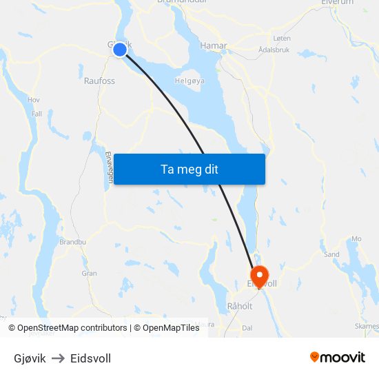 Gjøvik to Eidsvoll map