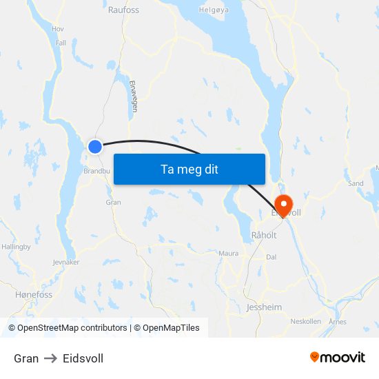 Gran to Eidsvoll map