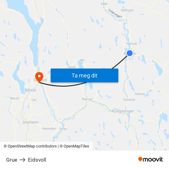 Grue to Eidsvoll map