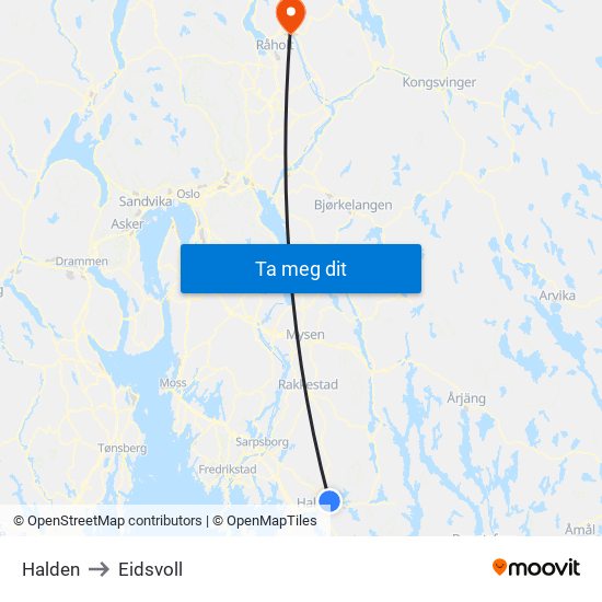 Halden to Eidsvoll map