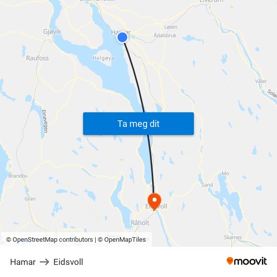 Hamar to Eidsvoll map
