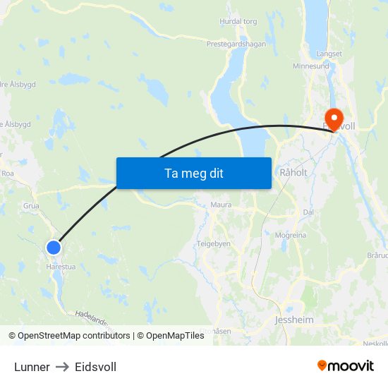 Lunner to Eidsvoll map