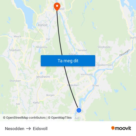 Nesodden to Eidsvoll map