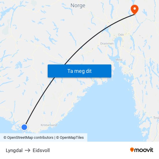 Lyngdal to Eidsvoll map
