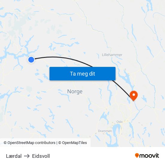 Lærdal to Eidsvoll map