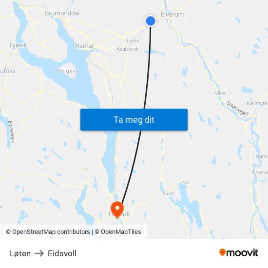 Løten to Eidsvoll map