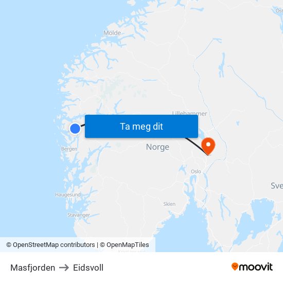 Masfjorden to Eidsvoll map
