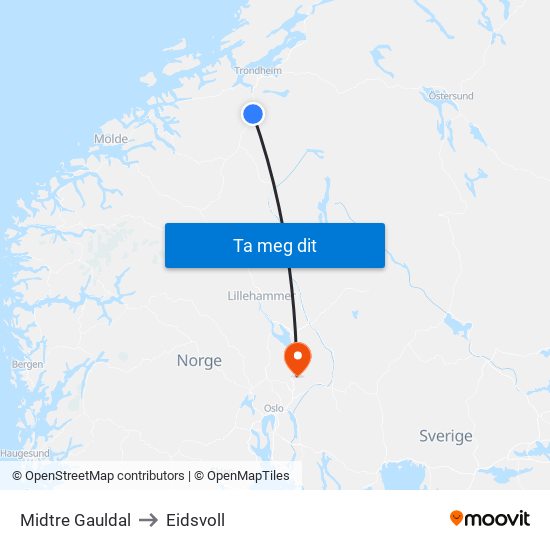 Midtre Gauldal to Eidsvoll map