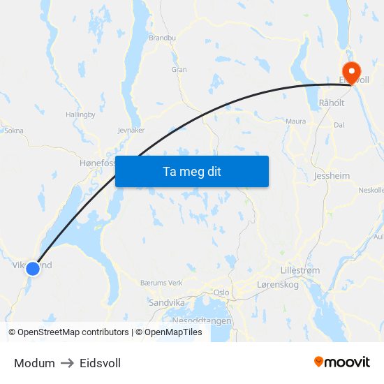 Modum to Eidsvoll map
