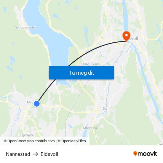 Nannestad to Eidsvoll map