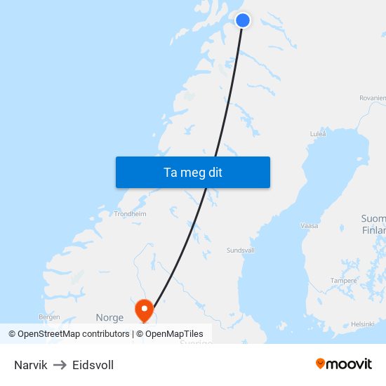 Narvik to Eidsvoll map