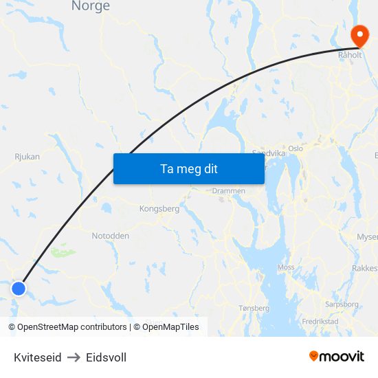 Kviteseid to Eidsvoll map