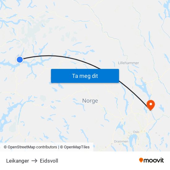 Leikanger to Eidsvoll map
