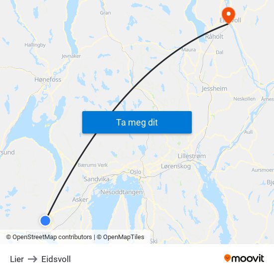 Lier to Eidsvoll map