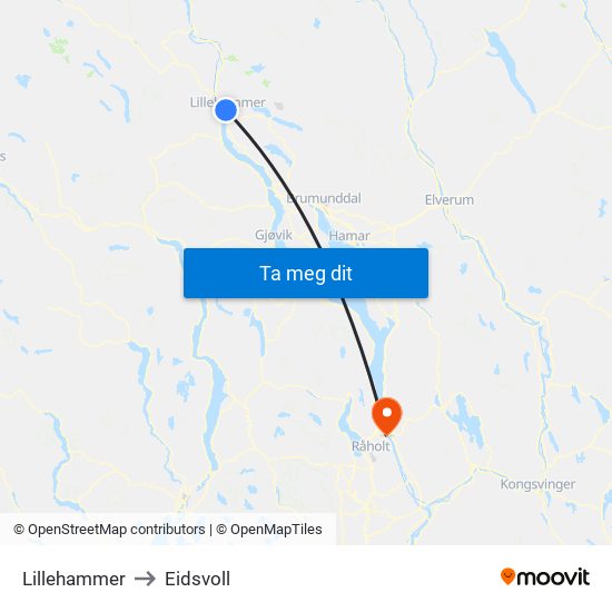 Lillehammer to Eidsvoll map