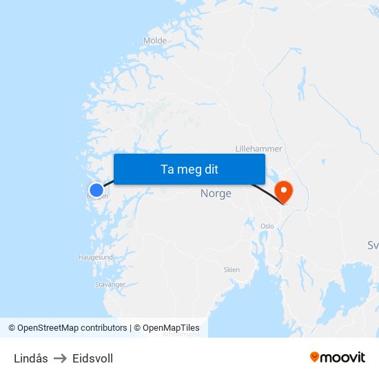 Lindås to Eidsvoll map