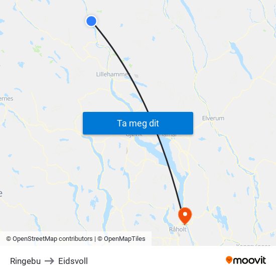 Ringebu to Eidsvoll map