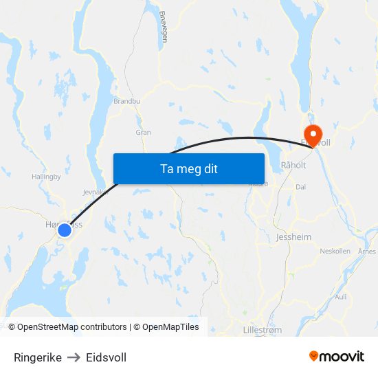 Ringerike to Eidsvoll map