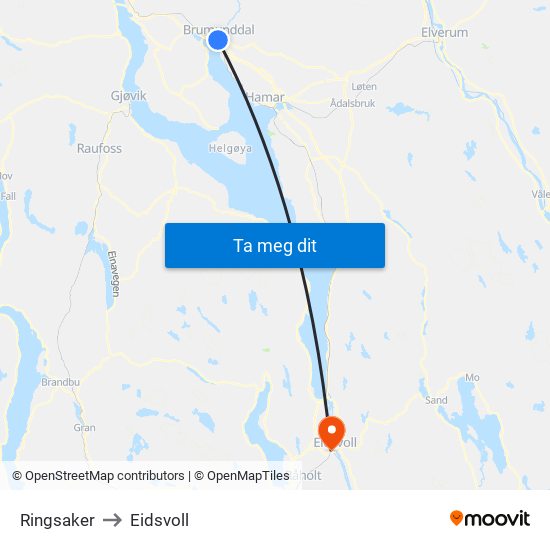Ringsaker to Eidsvoll map
