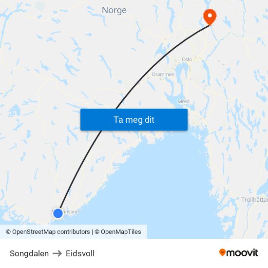 Songdalen to Eidsvoll map