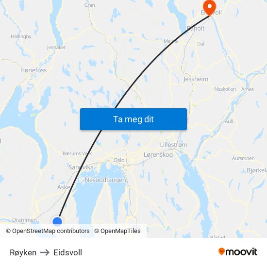 Røyken to Eidsvoll map