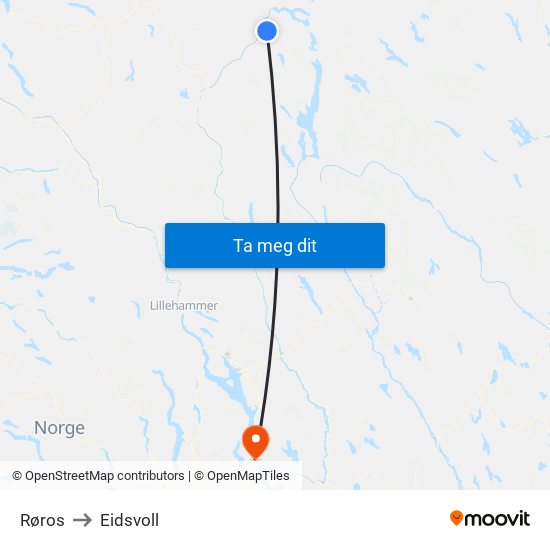 Røros to Eidsvoll map