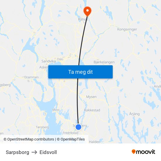 Sarpsborg to Eidsvoll map