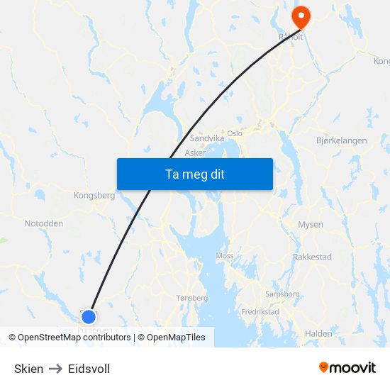 Skien to Eidsvoll map