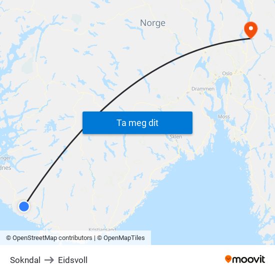 Sokndal to Eidsvoll map