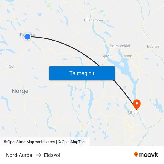Nord-Aurdal to Eidsvoll map
