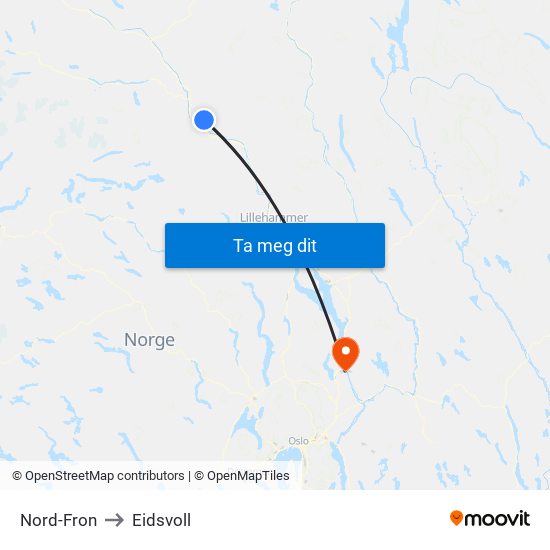 Nord-Fron to Eidsvoll map