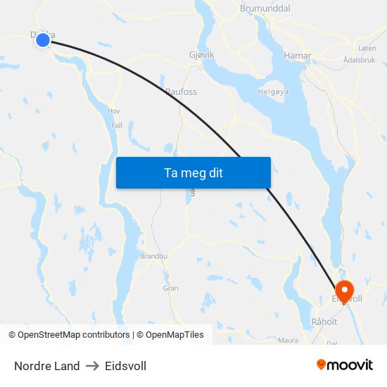 Nordre Land to Eidsvoll map