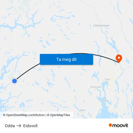 Odda to Eidsvoll map