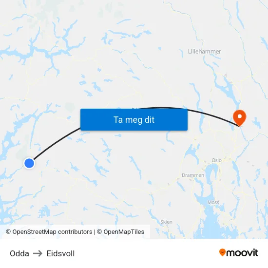 Odda to Eidsvoll map