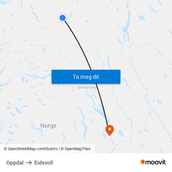 Oppdal to Eidsvoll map