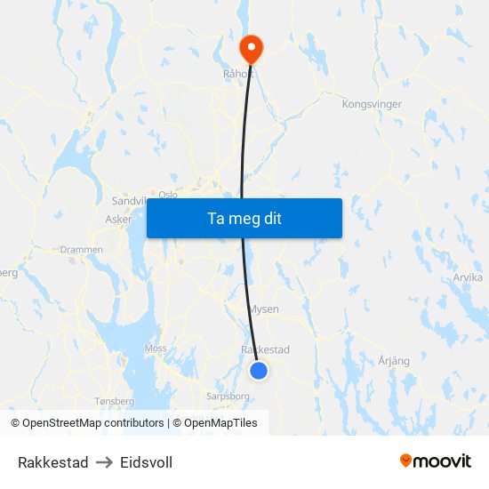 Rakkestad to Eidsvoll map