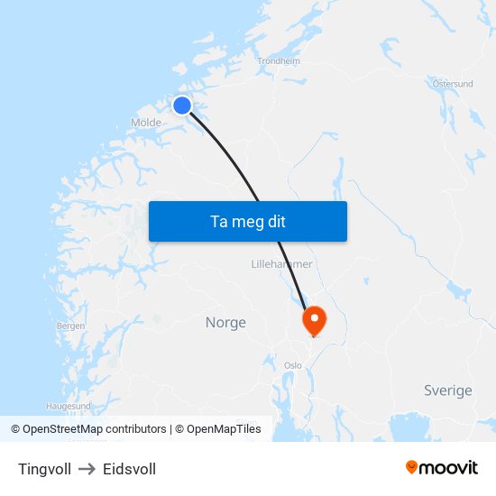 Tingvoll to Eidsvoll map