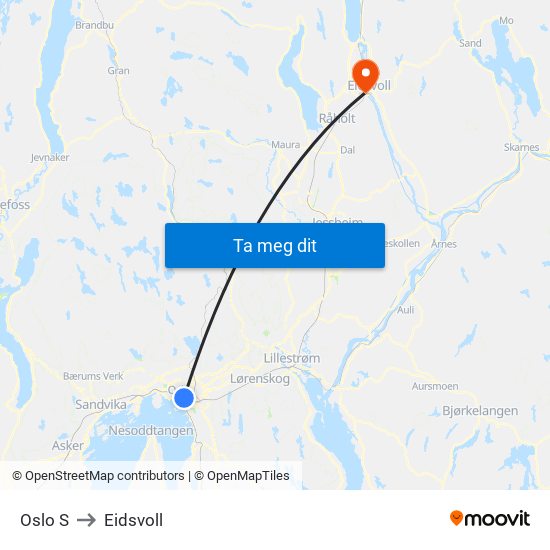 Oslo S to Eidsvoll map