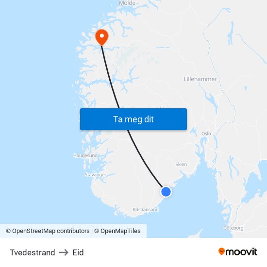 Tvedestrand to Eid map