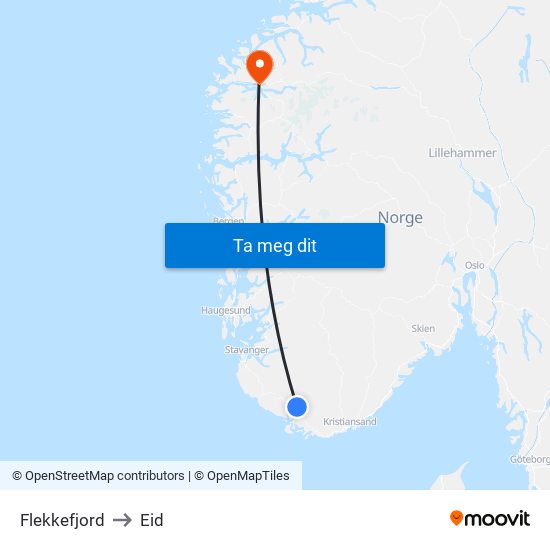 Flekkefjord to Eid map