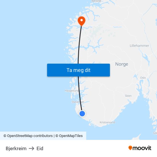 Bjerkreim to Eid map