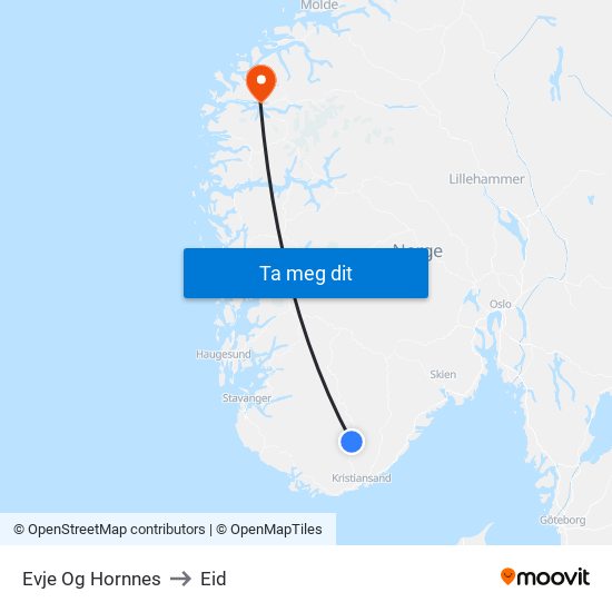 Evje Og Hornnes to Eid map